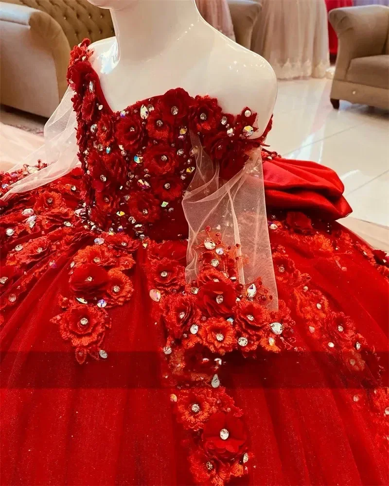 

Custom Red 3D Floral Sequin Beaded Heart Neck Tulle Train Flower Girl Dress Wedding Gown for First Christmas Kids Party Outfit