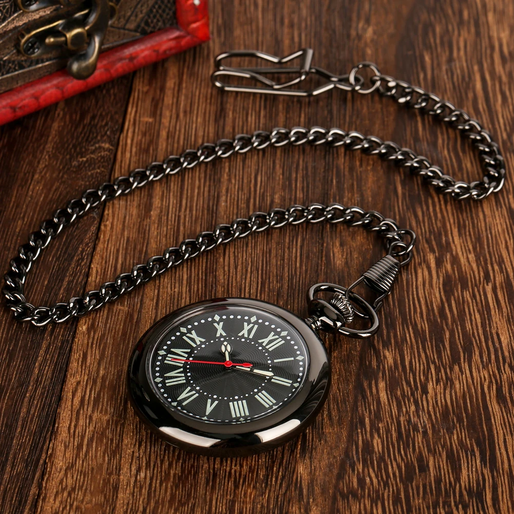 Smooth Black Luminous Roman Character Open Faced Quartz Pocket Watch Antique Analog FOB Men Clock with 38cm Hook Pocket Chain