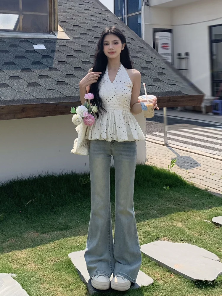 

Женский жилет с открытыми плечами в горошек, облегающий топ с открытыми плечами, повседневный топ с французским принтом, модное осеннее новое поступление