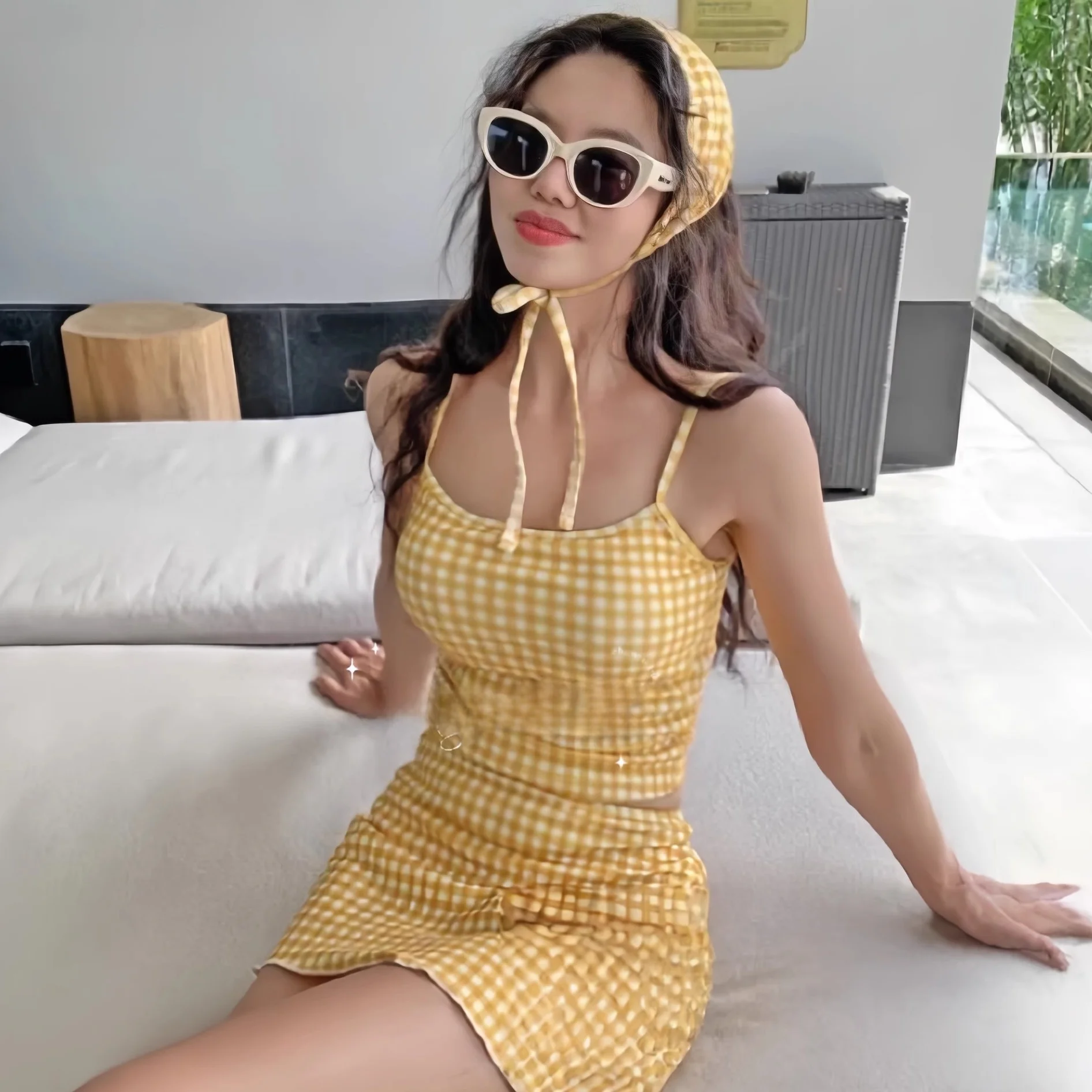 

MiYA Women's Bikini Swimsuit Yellow Plaid Vintage Sle Beach Thermal Vaion Cover up Slimming Design Sport Fitn Fan Gear