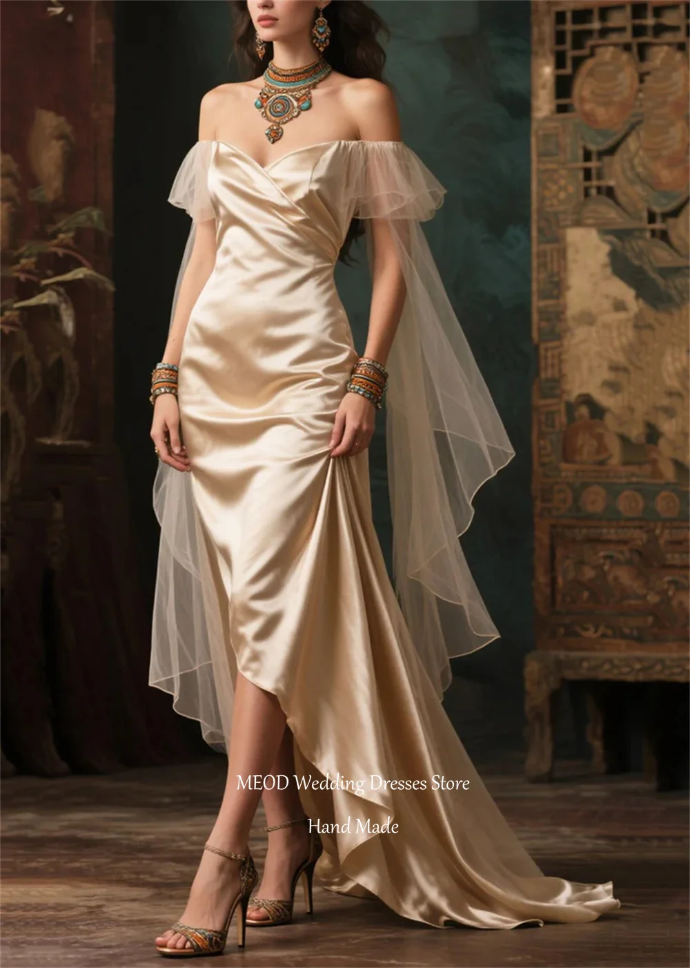 MEOD Elegant Evening Dresses A Line High Low Sweetheart Sheer Formal Prom Gowns Off The Shoulder Long Train Dress Customized