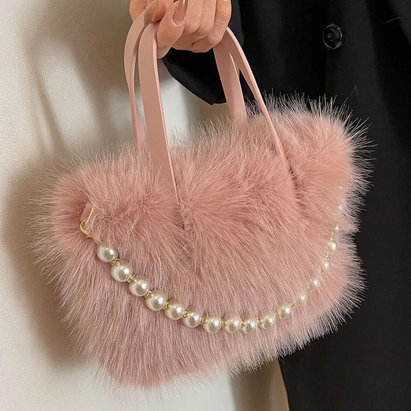 Winter Fashion Women's Faux Fur Crossbody Bag with Pearl Chain Decor Top-Handle Shoulder Bag Stylish Ladies Handbag Gift