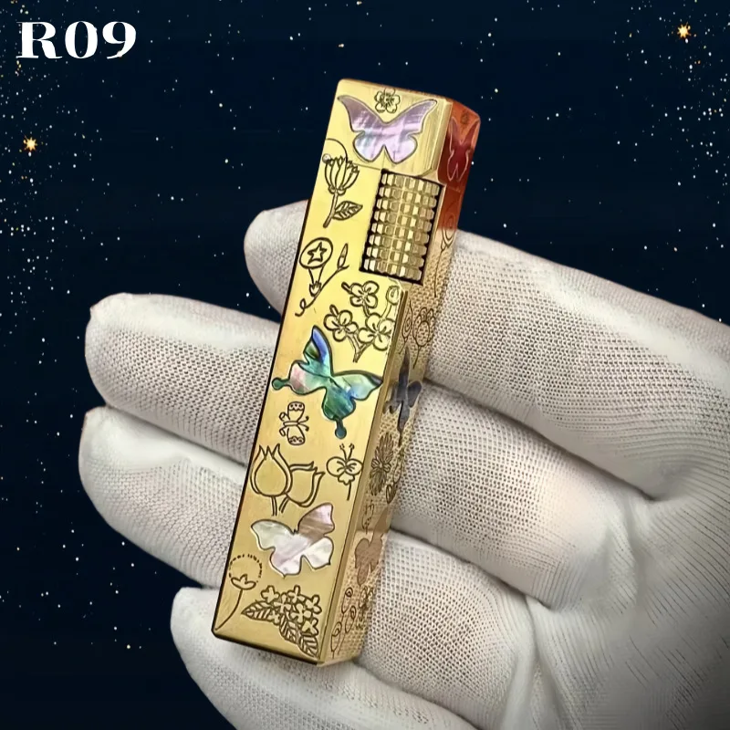 R09 Long Strip Small Square Brass Four-color Lighter, Side Slip Ignition, Collection of Men's Gifts, Good-looking Pattern