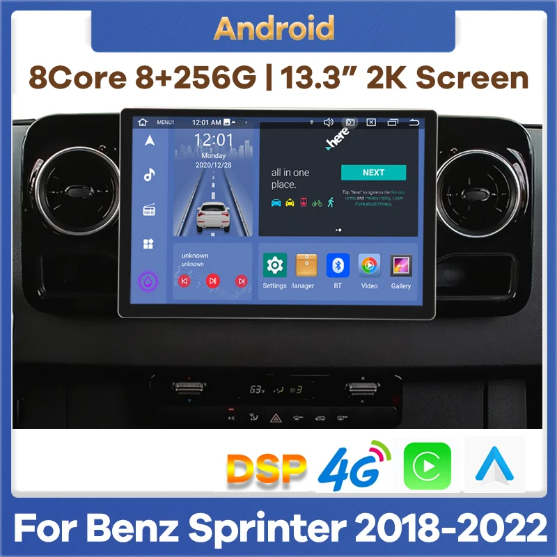 

13.3" Android Car Multimedia Player Radio GPS for Mercedes Benz Sprinter 2018-2022 Auto Stereo Video CarPlay Tesla Style Screen