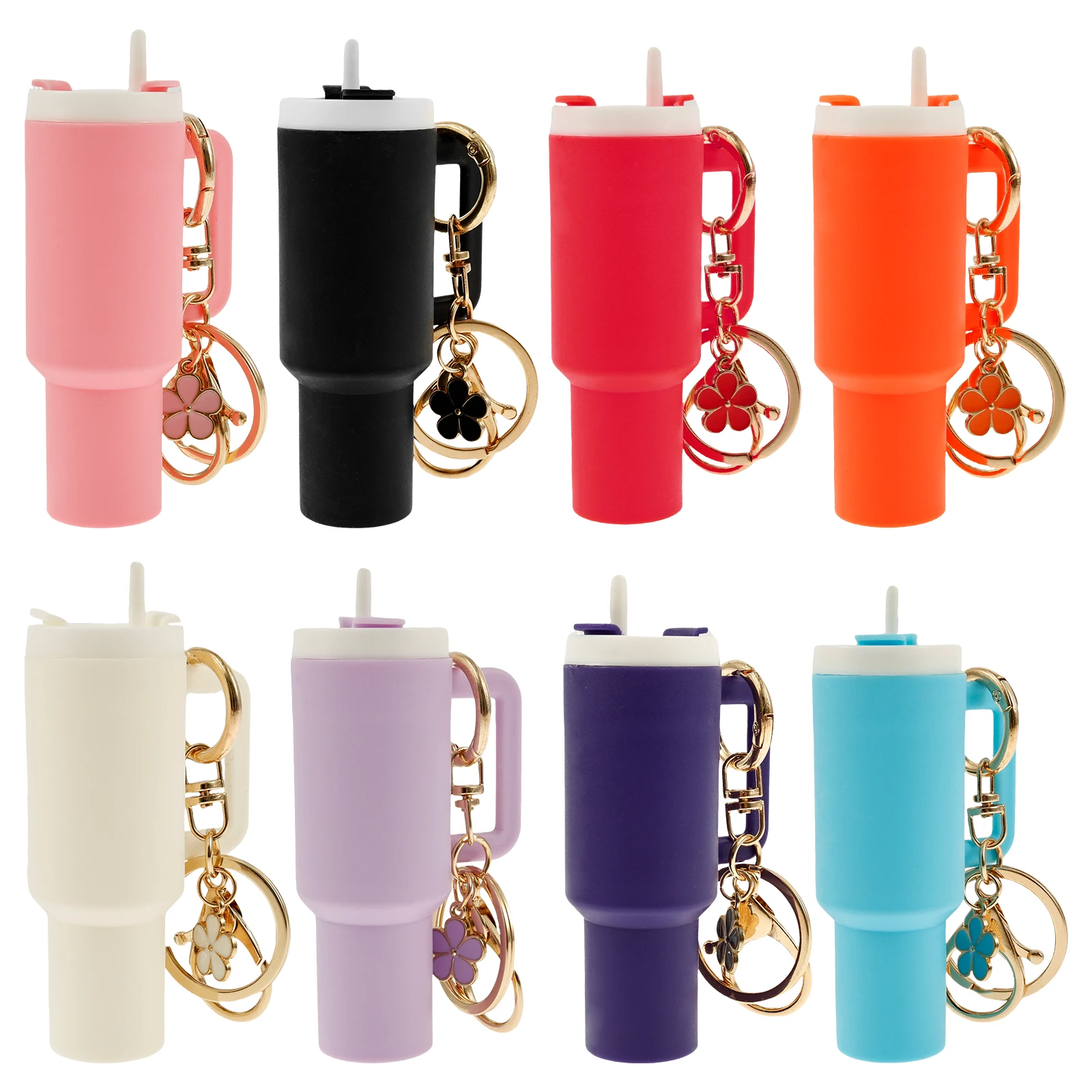 

8Pcs Flower Keychain Pendant Wear Resistant Not Easy to Fade Ice Bucket Cup Keychain with Detachable Lid for Storaging Coin Pill