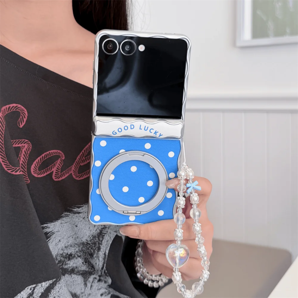 Korean INS Fashion Polka Dot With Rotate Stand Phone case for Samsung Galaxy Z Flip 7 6 5 Flip6 7FE flip5 flip7 Cover With Chain