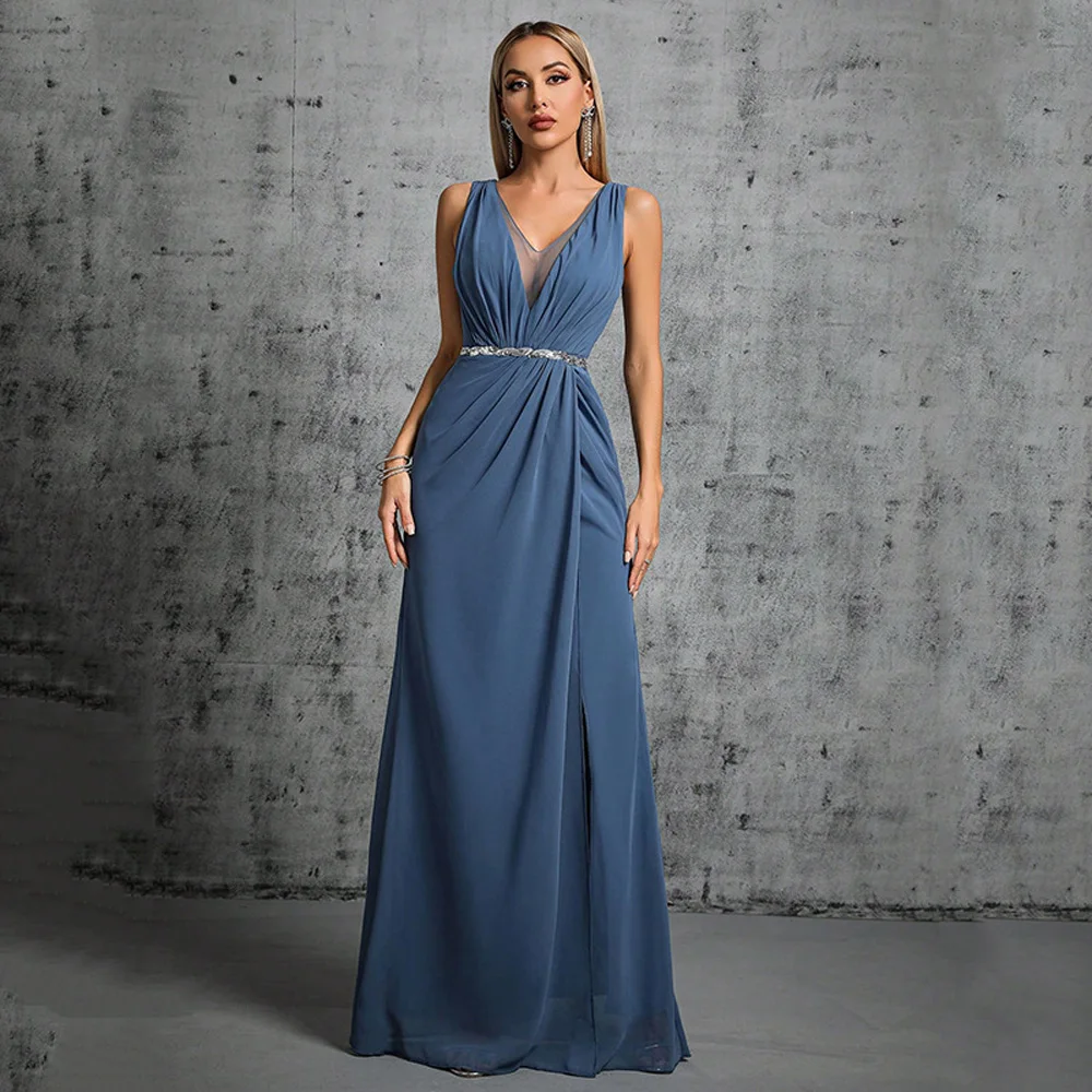 

Cheap Women's Summer Simple And Elegant Formal Dress V Neck Guest Long Evening Prom Wedding Party Graduation Shooting Dresses