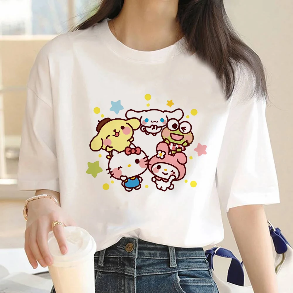 Sanrio Summer Women T Shirt Tops Print Cinnamoroll Hello Kitty Melody Cotton Short Sleeve Female Loose Casual T-shirt Top Tee