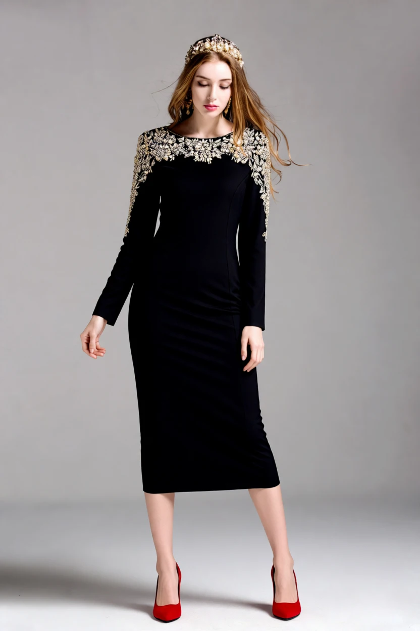 فستان كوكتيل نسائي بأكمام طويلة مع نير مزين بالكريستال الذهبي - سهرة أنيقة، حفلة، فستان أم العروس #3