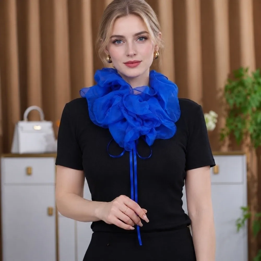 Layered Ruffled False Collar Tulle Elegant Neck Ruff Faux Collar Three-Dimensional Flower Shape Exquisite Detachable Collar