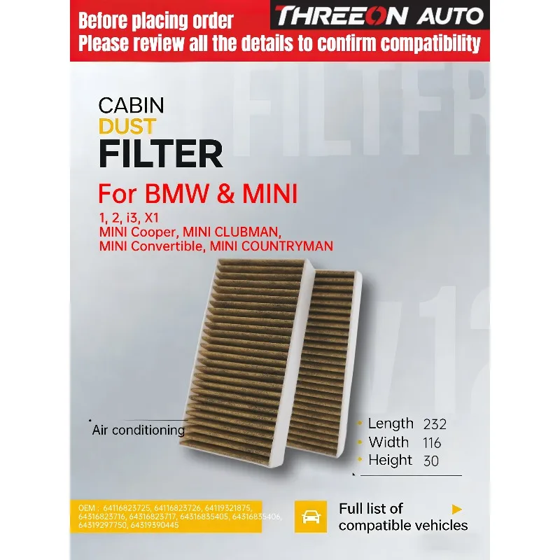 

Фильтр салонный с активированным углем THREEON для BMW 2 F45 F46 i3 2013- X1 F48 MINI F54 F56 F57 CUK23005-2 TOC8030-2P 64116823724