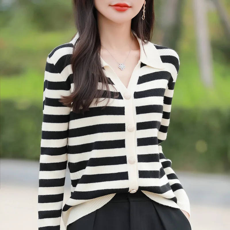 Women 100% Cotton Striped Sweater Polo Collar Pullover Casual Color Blocking Knitwear Long Sleeve Spring Autumn Clothing Tops