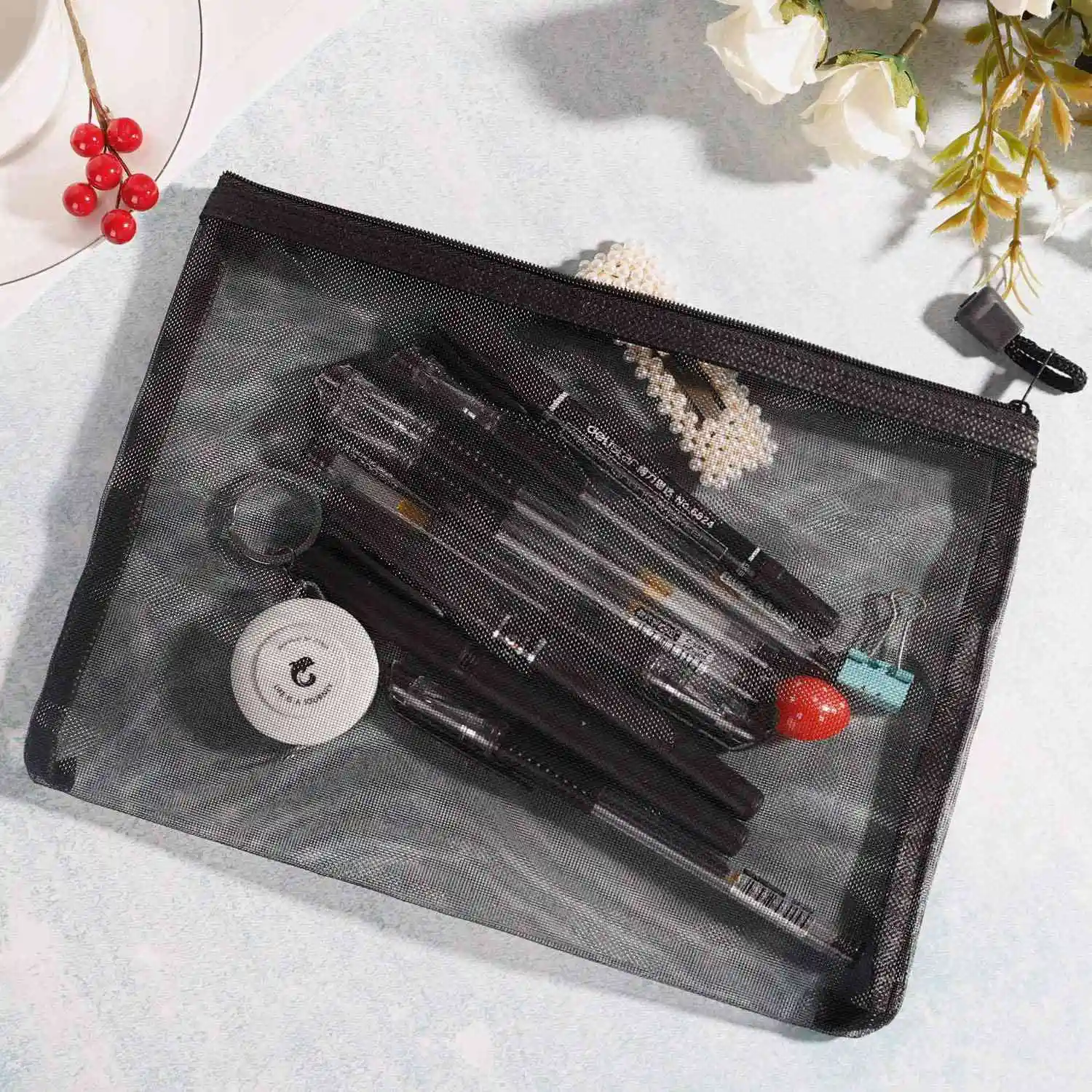 12 Pieces Mesh Bags Black Mesh Zipper Pouch Makeup Bags Cosmetic Travel Organizer Bags Pencil Case