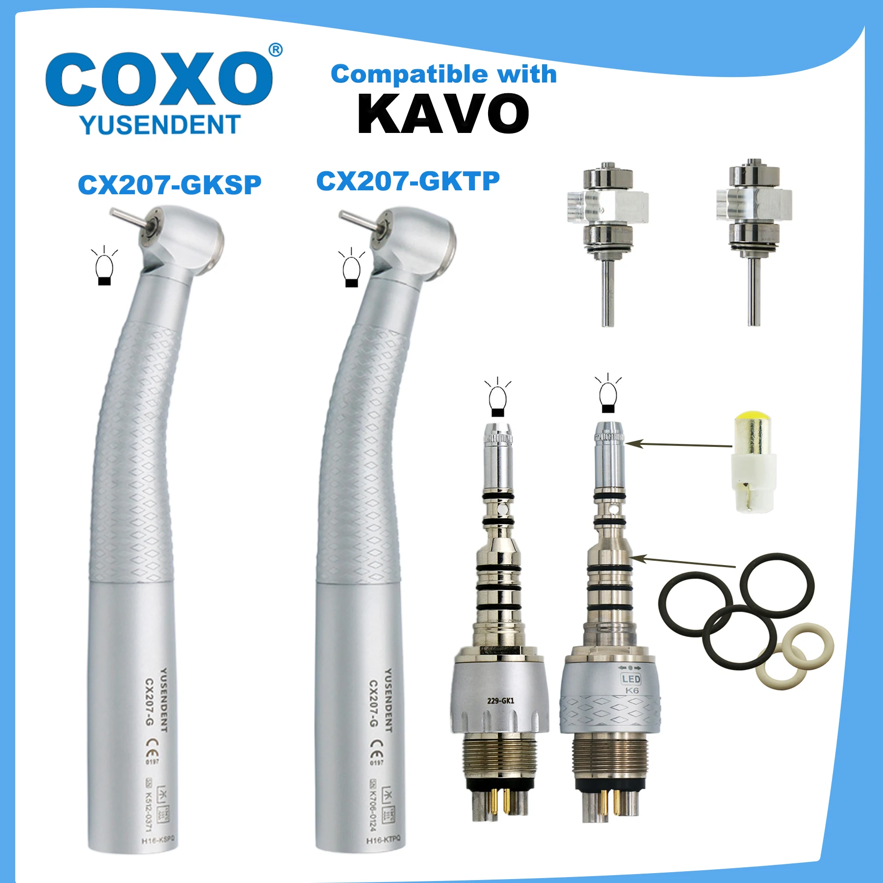 

COXO Dental Handpiece Fiber Optic High Speed Handpiece Cartridge Rotor Standard/Torque Head LED Coupler 6 Pin Fit KAVO Turbines