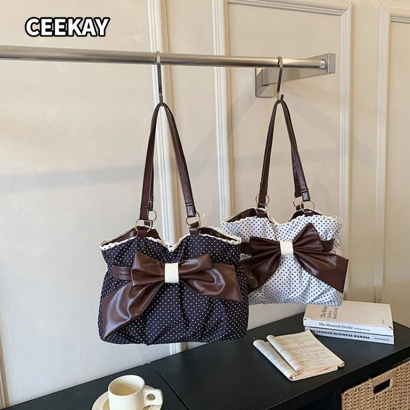CEEKAY Women's Tote Bag White Polka Dot Canvas Large Bow Detail Shoulder Handbag Zipper Daily Commute Casual Fashion