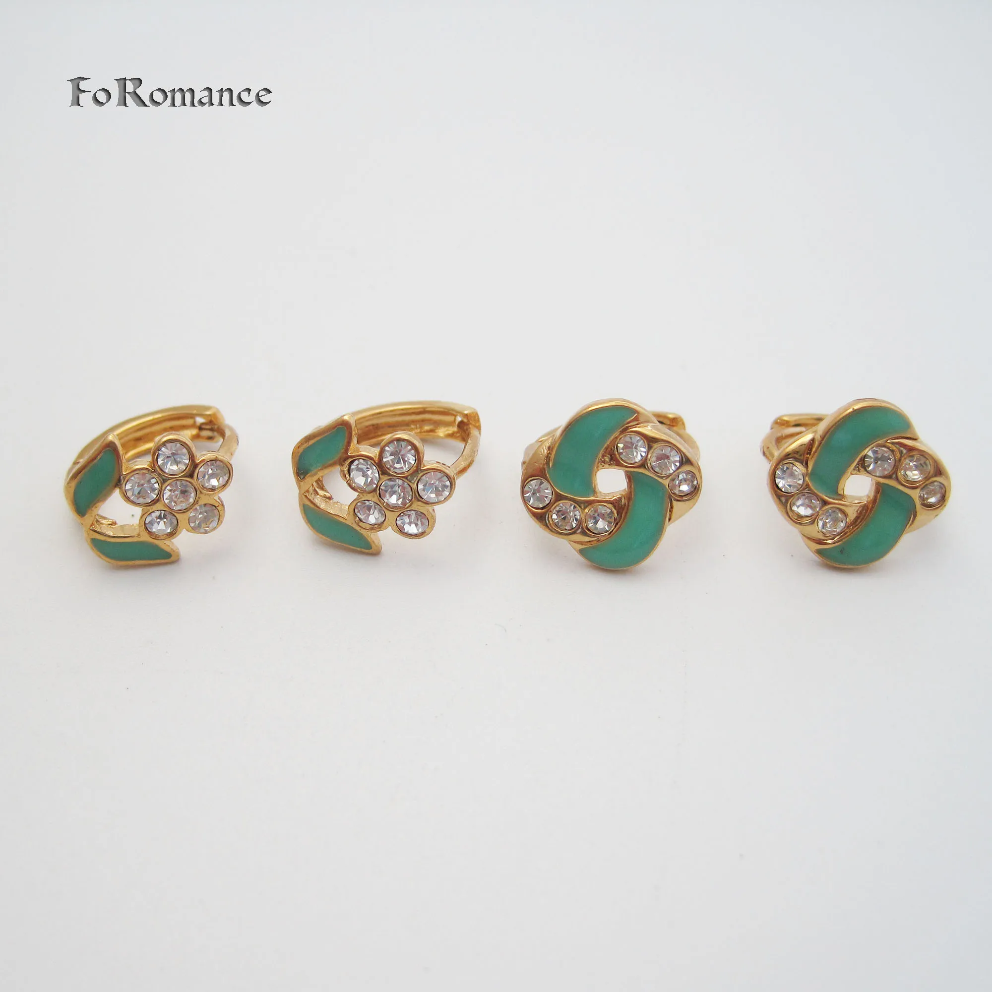 2 DESIGNS CAN BE CHOSEN YELLOW GOLD PLATED HUGGIE HOOP SMALL CZ STONES FLOWER/ CROSSED EARRING GREEN COLOR ENAMELLED GREAT GIFT