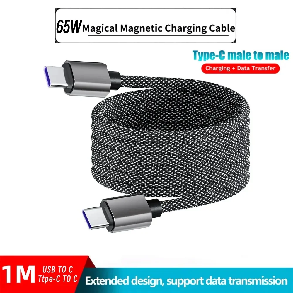 Magnetic 65W USB C To C Fast Charger Cable Magnetic Suction Anti Winding USB A To C Data Charging Wire for Huawei Xiaomi Samsung