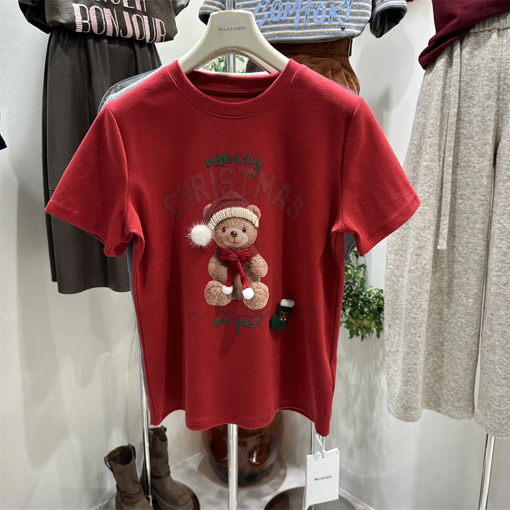 

European Style Short Sleeve T-Shirt for Women Autumn Winter New Christmas Bear Atmosphere Thickened Brushed Cotton Crew Neck Top