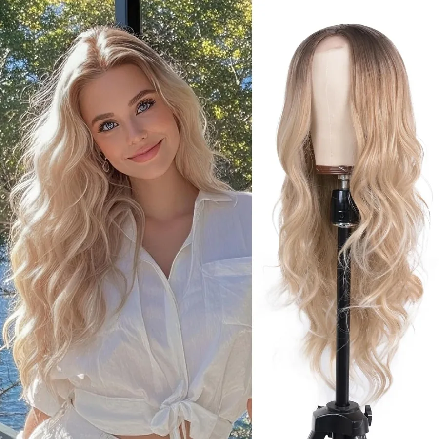 Długa Brązowa Peruka Ombre Blond Falowana dla Kobiet 66 cm z Przedziałkiem na Środku Kręcona Falowana Peruka Naturalnie Wyglądająca Syntetyczna Odporna na Ciepło