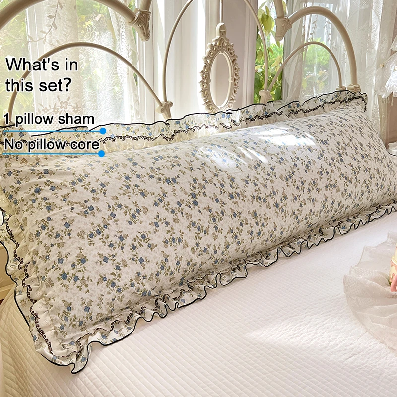 Floral Long Pillow Cover 1Piece, Ultra Soft Microfiber Body Pillow Sham with Lace Ruffle Trim, Decorative Pillowcase for Bedroom