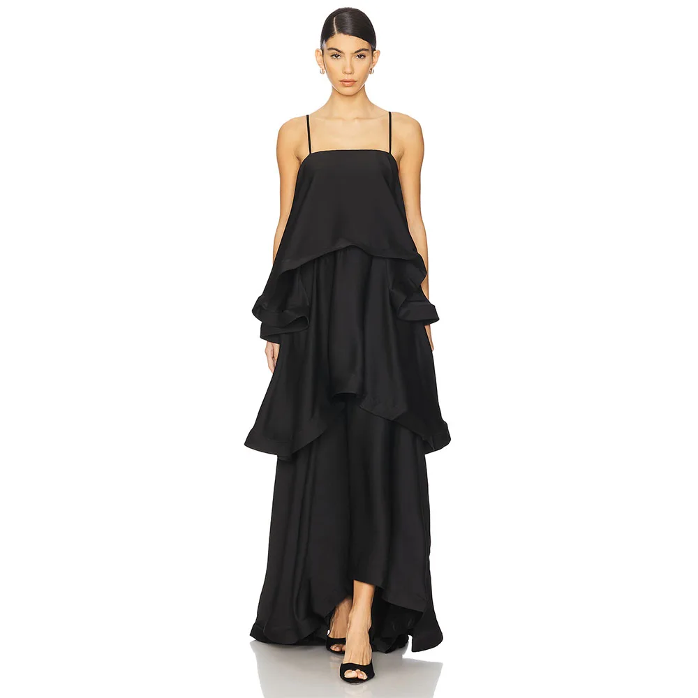 

Black Women's Evening Dress Spaghetti Straps Prom Gown Sleeveless Ankel Length Tiered Ruffles A Line Formal Party Dress 2025