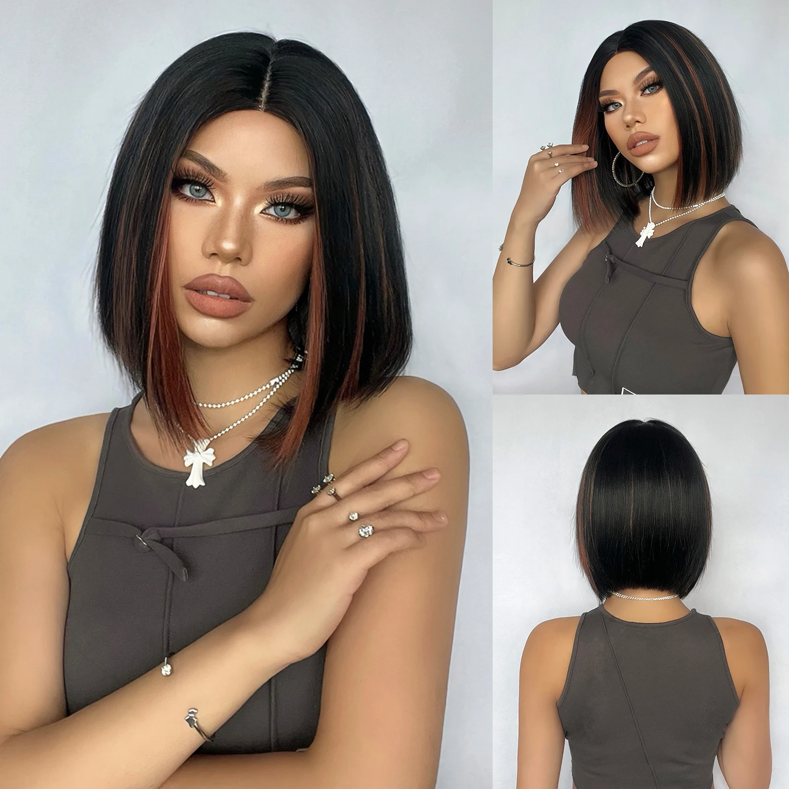 

Короткие прямые синтетические парики с Бобом, черные смешанные красные коричневые медные парики для женщин, повседневные натуральные парики в стиле "Лолита"