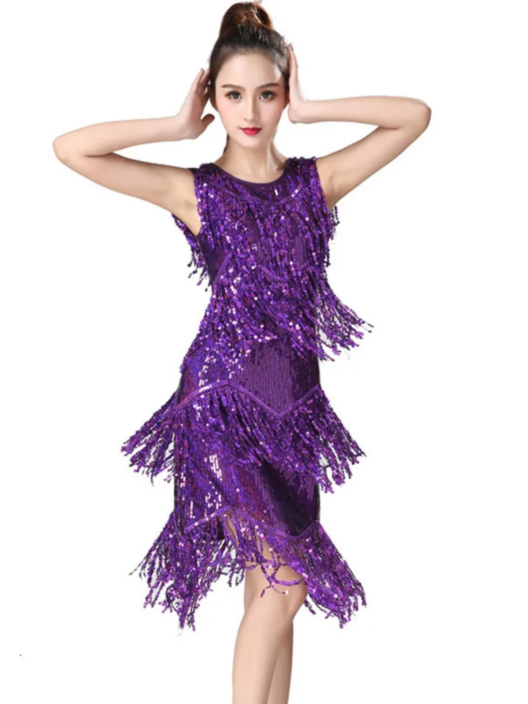 Vestido de competición de práctica de baile latino con lentejuelas Sexy, traje clásico sin mangas, línea de baile de salón, ropa de Jazz, ropa de