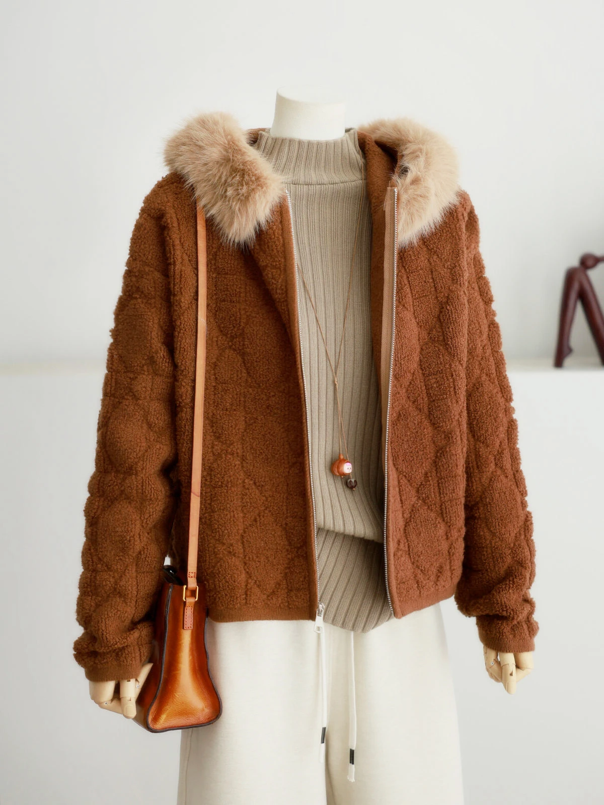 

Detachable Fur Collar Lazy Sle Knitted Coat Women Winter Outerwear Soft Cozy Hooded Jaet Fem Commute Korean Loose Fit