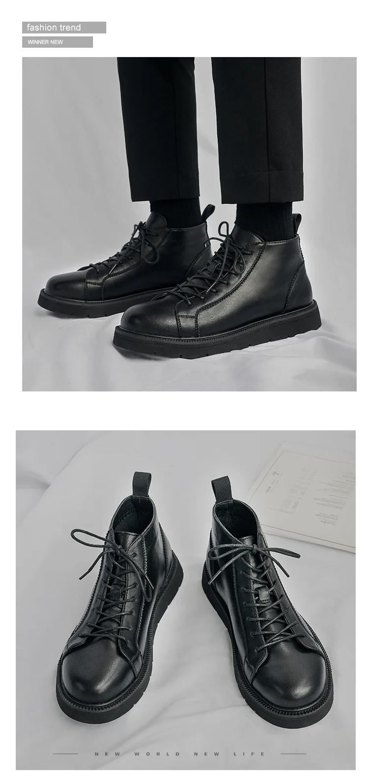 Autumn cowhide black high top handsome British motorcycle leather shoes Hong Kong style workwear trendy shoes