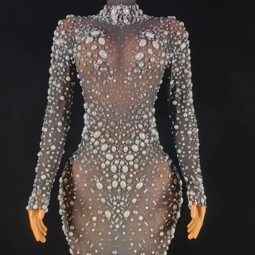 

Tiaoliaochangqun High end Banquet Dress Sexy Black Mesh Transparent Long Dress with Pearl Water Diamond Inlaid Party Ball Dress