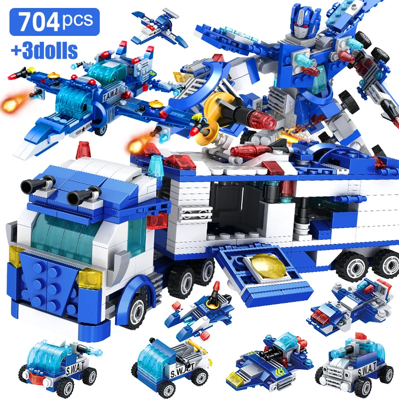 SWAT Serie 8in1 City Police Command Truck Policeman Robot Car Building Blocks Helicopter Model Bricks Toys for Children with box