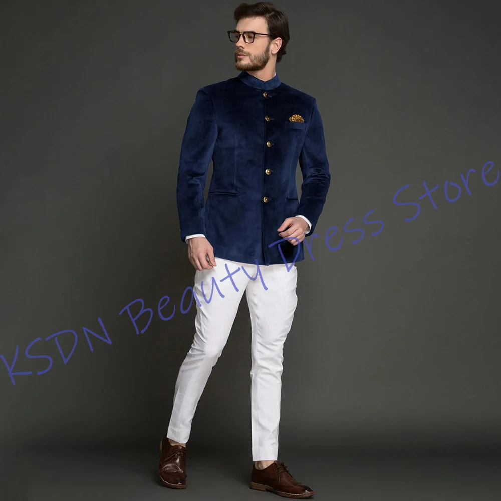 

Elegant Men's Navy Blue Velvet Suits Mandarin Collar Single Breasted Blazer Two Piece Set Stylish Formal Wedding Groom Wear