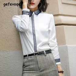 Koreański moda proste biuro pani elegancki biały Patchwork koszula z guzikami stoją kołnierz z długim rękawem bluzka typu Slim Top kobieta Blusas