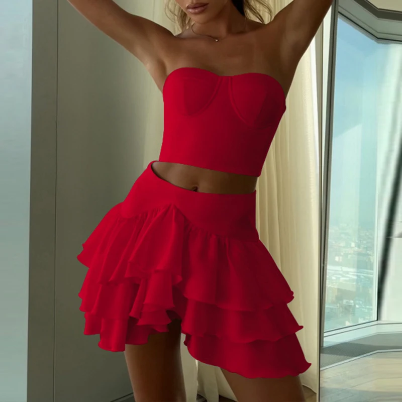 

Sexy Strapless Bodycon Tank Top And Mini Skirts Suit Summer Beach Vacation Outfits Women Solid Ruffle Cake Skirts Two Piece Sets