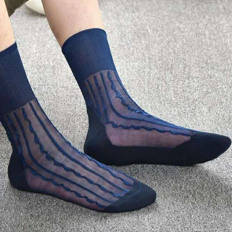 3 Pairs Ultra Thin Nylon Mid Tube Socks Mens 2024 Summer High Quality Elastic Invisible Jacquard Dress Socks Business Mens Socks