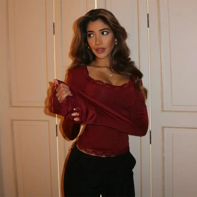 الخريف الدانتيل كم طويل تي شيرت للنساء يغرق مثير سليم قمة الموضة الجديدة البلوز تي شيرت الإناث الصلبة عادية #3