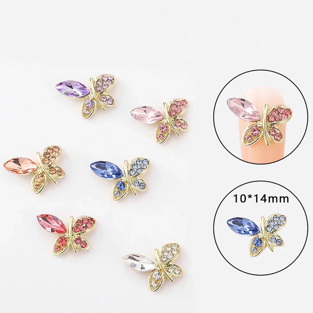 10Pcs Gem Alloy Butterfly Nail Art Charm 3D Luxury Diamond Crystal Shiny Butterfly Nail Ornament DIY Exquisite Nail Accessories