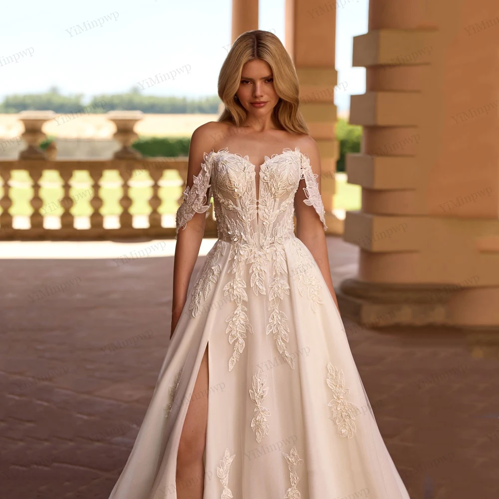 Schulterfreies Boho-Hochzeitskleid für die Braut, rückenfrei, mit seitlichem Schlitz, Spitze, elegant, herzförmig, individuell gestaltet