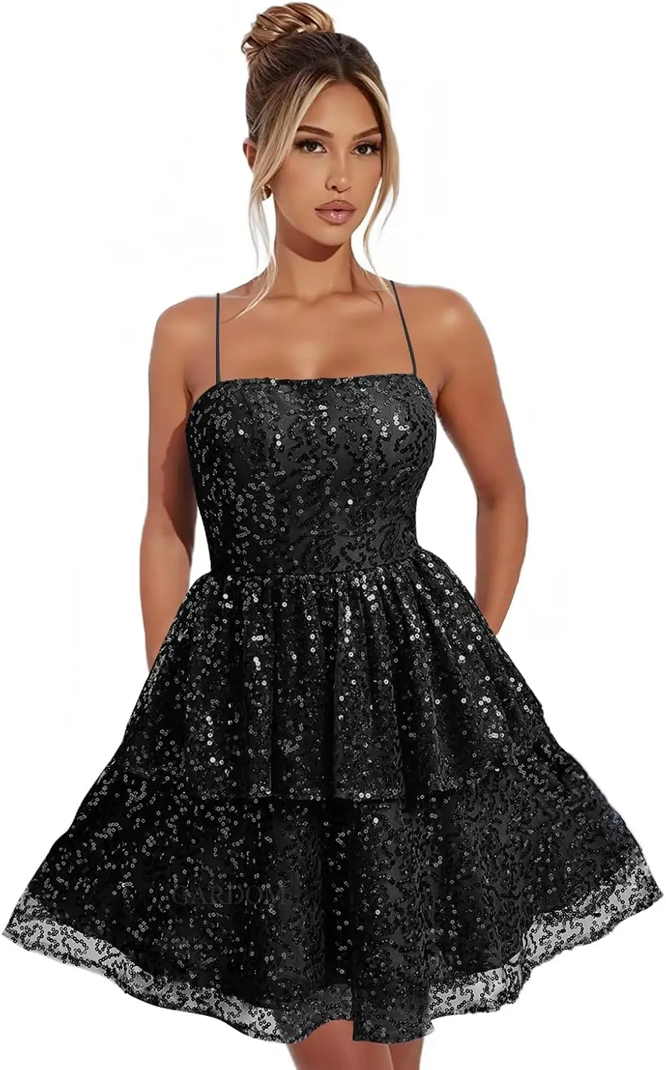 

Sparkly Sequin Short Homecoming Dresses for Teens Tiered Graduation Prom Dress Backless Cocktail Party Gown above knee , mini