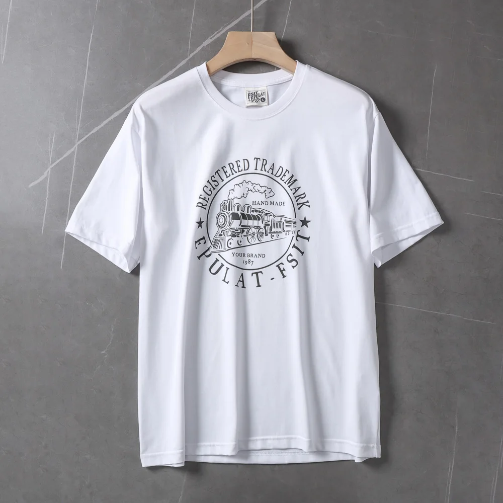 2024 Summer New American Retro Short Sleeve O-neck Letter Train Printed T-shirt Men's Simple Washed Casual Loose Youth Tops