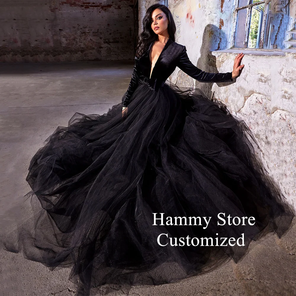 Black Wedding Dress for Woman Bride Customized Gothic Bridal Gown Deep V Neck Long Sleeves Velour Tulle Arabian Bride Dresses