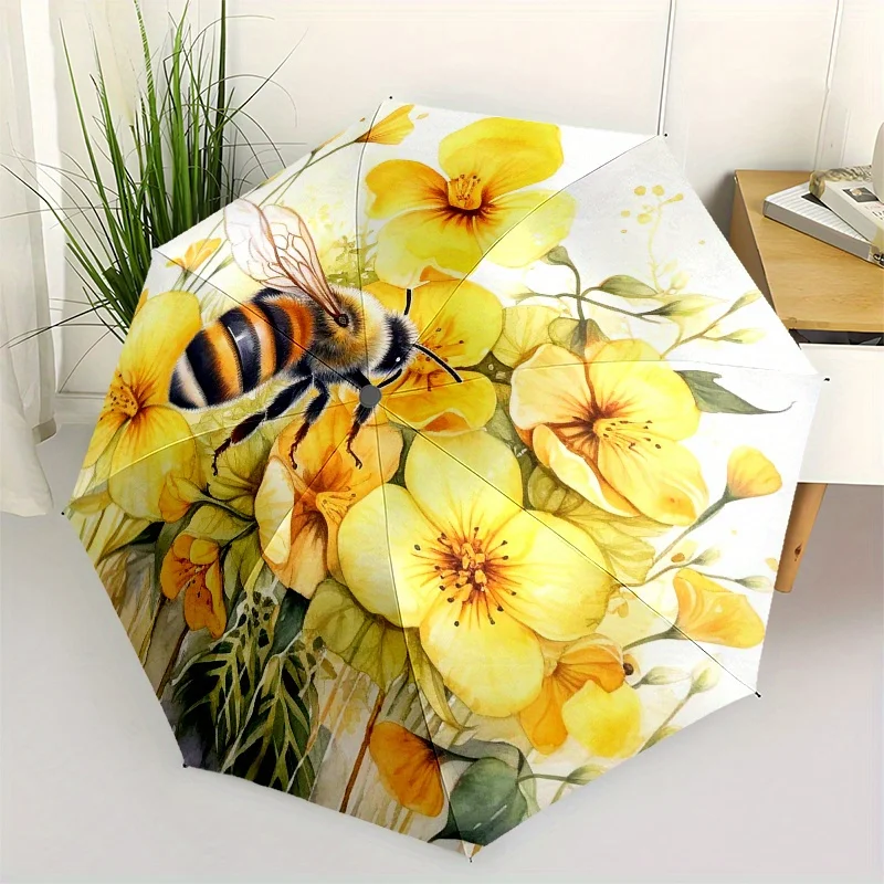 

Women's & Men's Automatic Open/Close Umbrella - Compact 3-Fold Design with Floral bees - Yellow Flower & Honey Bee Watercolor