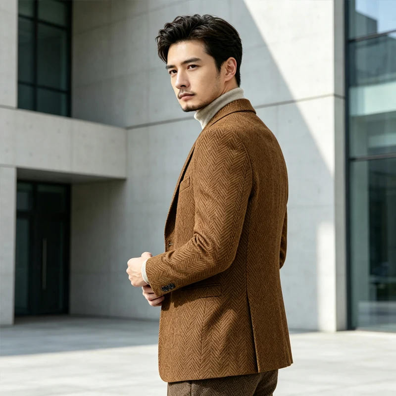 2027 Men Herringbone Tweed Blazer Notched Lapel 2 Button Suit Jacket Business Casual Smart Formal Wedding Party Autumn Winter