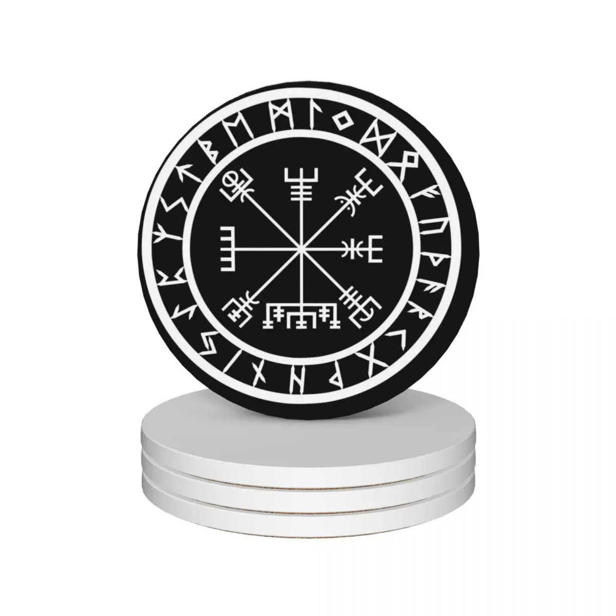 

Vegvisir /// Rune Circle (Variant II) Ceramic Coasters (Set of 4) plate for table Tea cups Cup mat Coasters