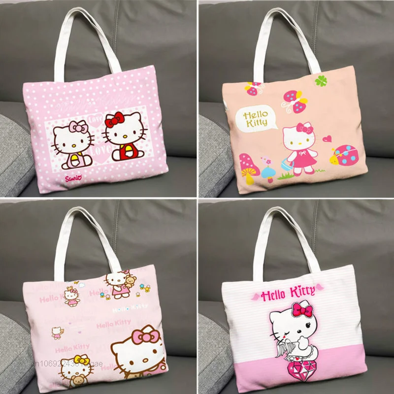 Sanrio Hello Kitty Canvas กระเป๋า Casual กระเป๋าสะพายไหล่3ขนาดการ์ตูนพิมพ์แฟชั่นกระเป๋าถือ Y2k หญิงสีชมพูกระเป๋าโท้ท