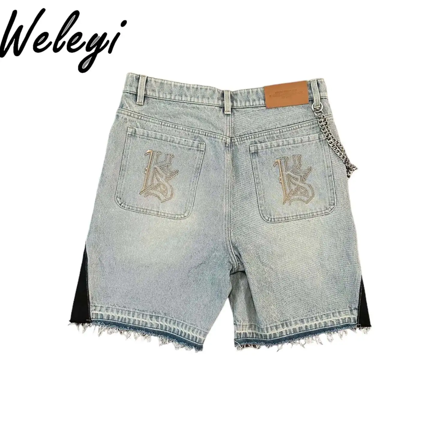 Goth Light Blue Cartoon Embroidered Patch Short Jeans for Men Women Y2k Punk Fashion Couple Loose Trend Straight Denim Shorts