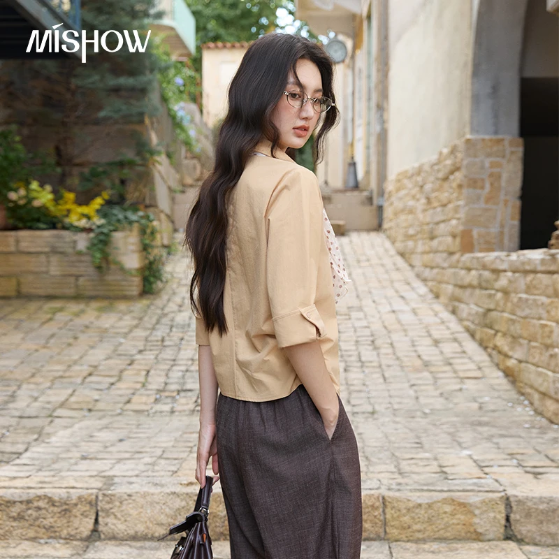 MISHOW Pure Cotton Shirt 2026 Autumn Lapel Elbow‑Sleeve Shirt with Detachable Polka‑Dot Scarf Waist‑Tucked Casual Top MXF41C2565
