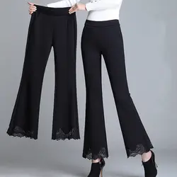 Woman Splicing Lace Fashion Trousers Spring Autumn Thin Office Lady Pocket High Waist Elastic 4XL Loose Female Flare Pants 2022