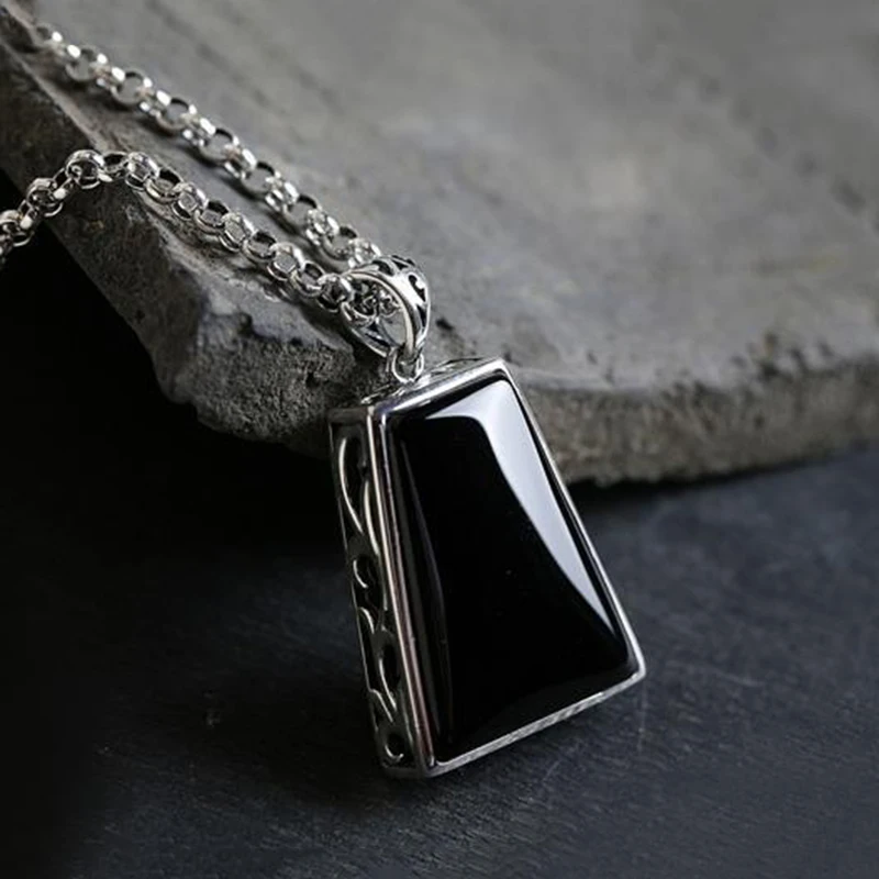 Original design geometric black agate pendant necklace retro domineering creative men and women charm brand silver jewelry