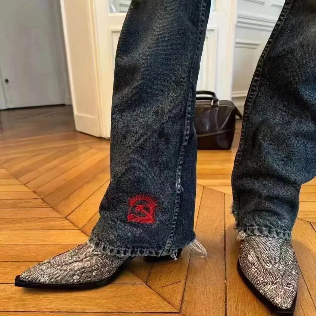 ER/D 24FW washed and spliced corduroy embroidered ink-splashing pants